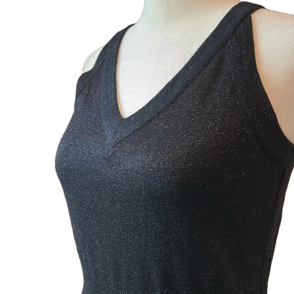 Vintage Black Wool Blend Metallic Double V Neck Tank Maxi Dress Defined Waist S - Picture 4 of 9